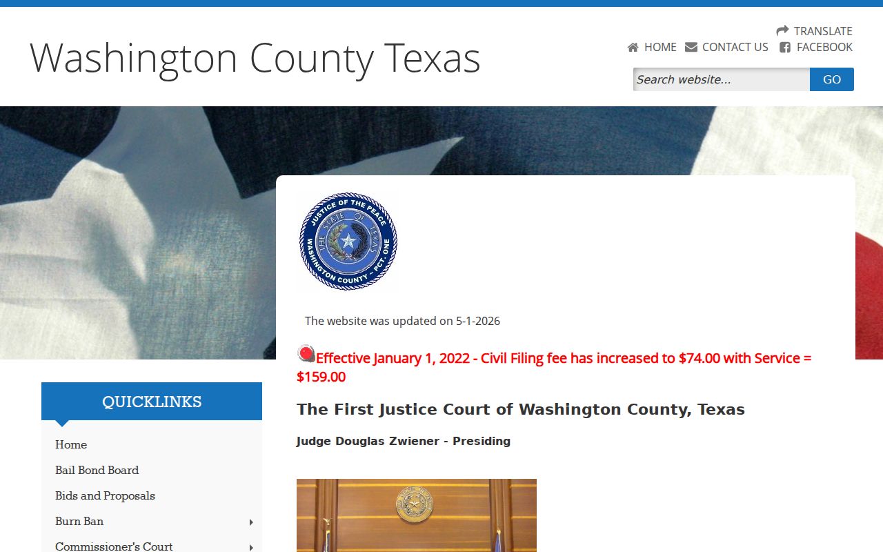 Washington County court calendar link on the Justice Court Precinct 1 page