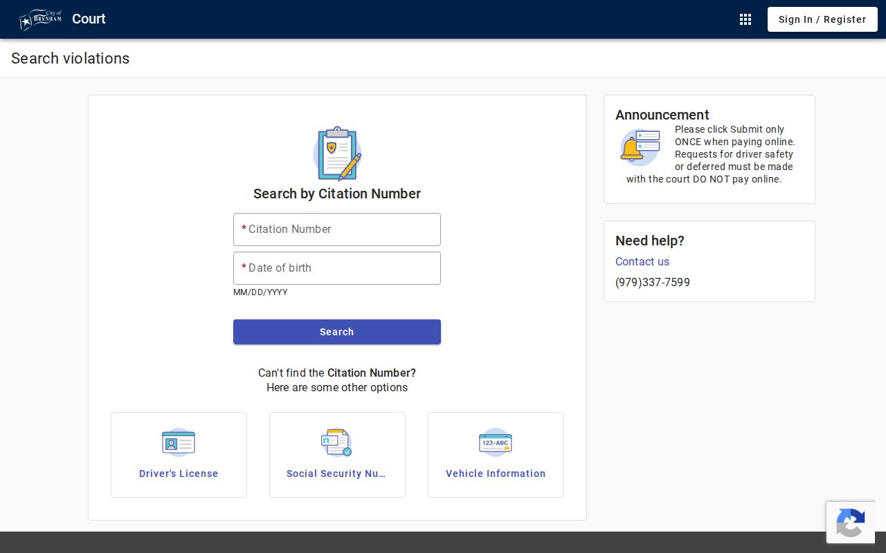 Brenham court docket citation payment interface