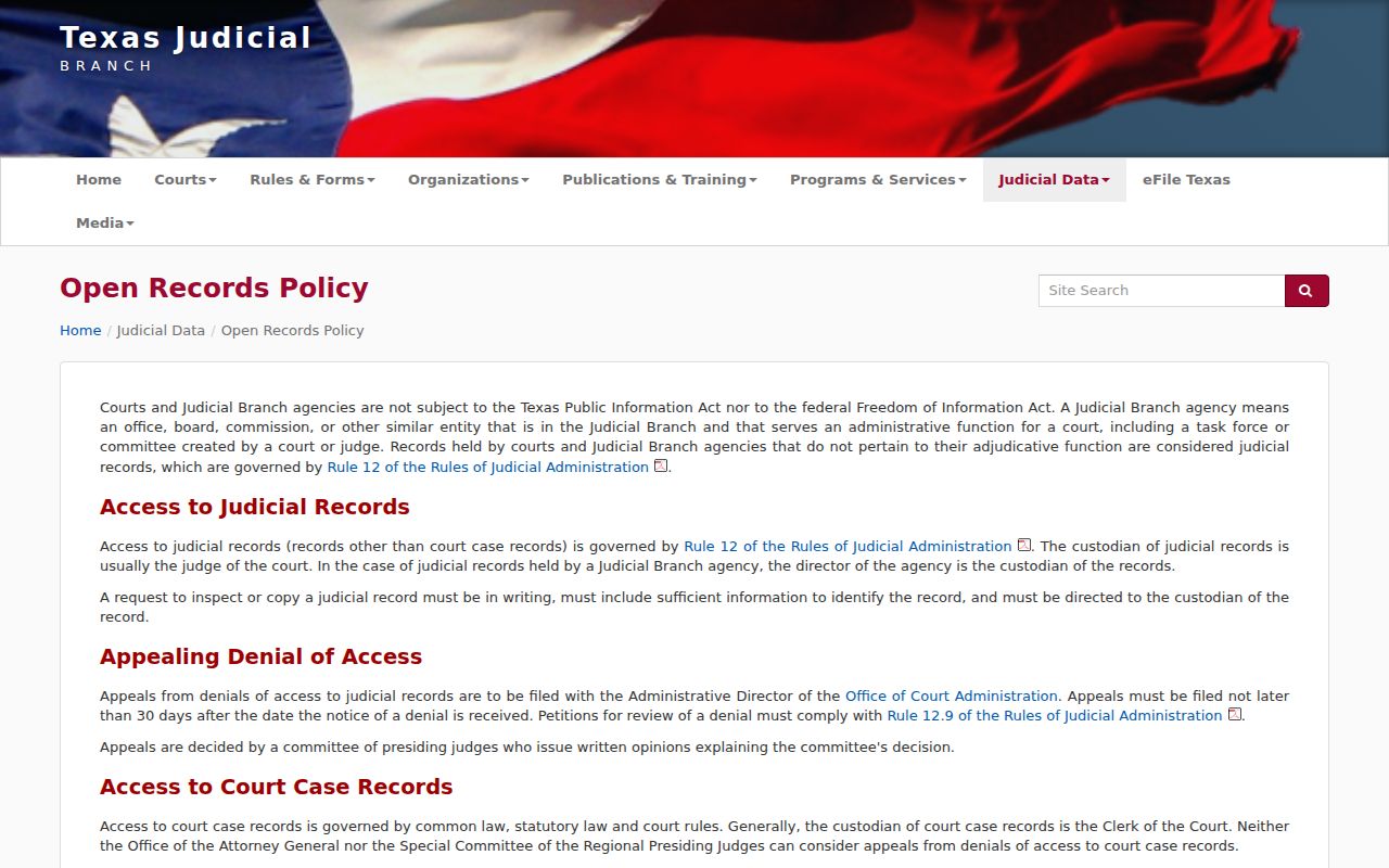 Texas judiciary policy explaining Rule 12 access for Washington County judicial records