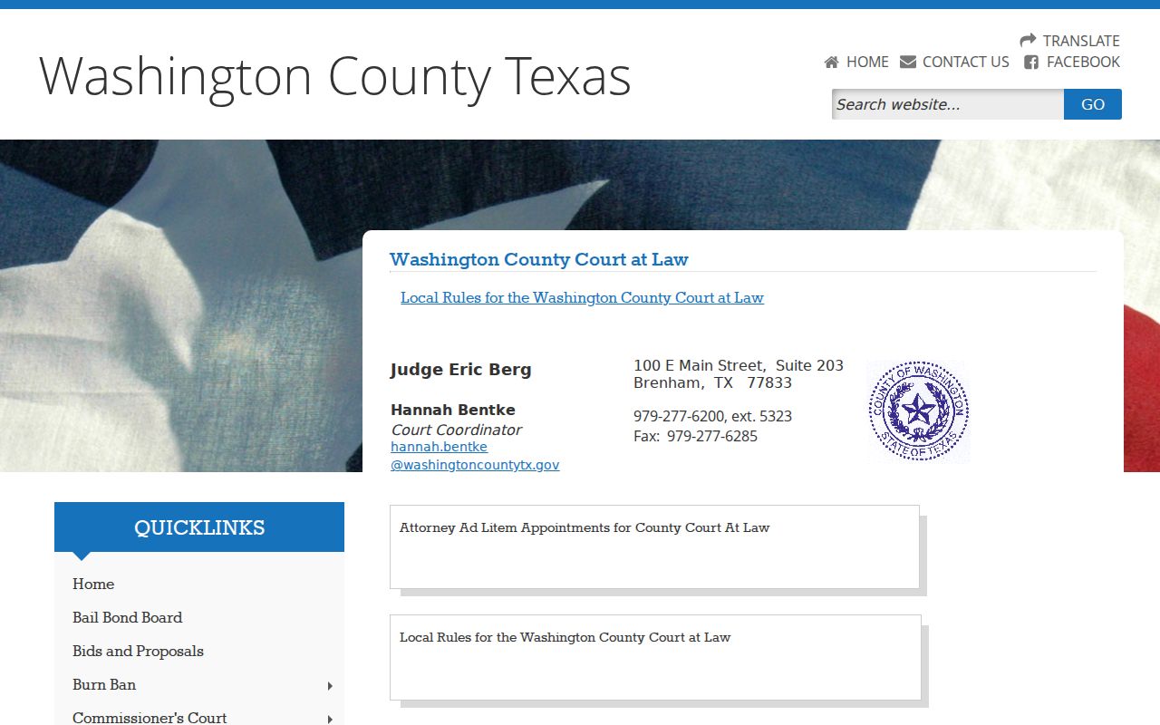 Washington County Court at Law docket office and coordinator page